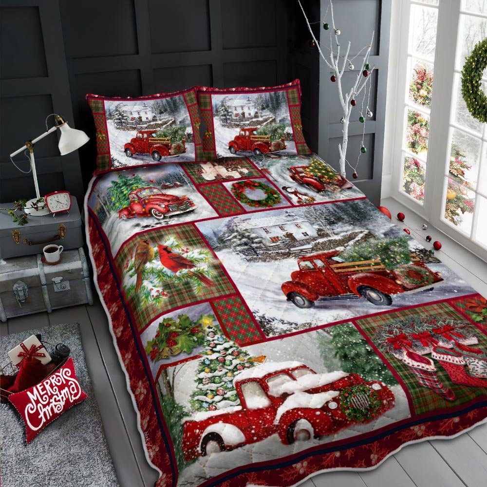 Red Christmas Truck Quilt Bedding Set