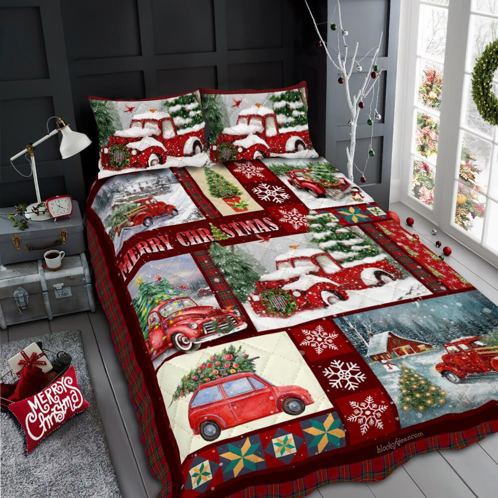 Red Pickup Trucks Christmas Quilt Bedding Set