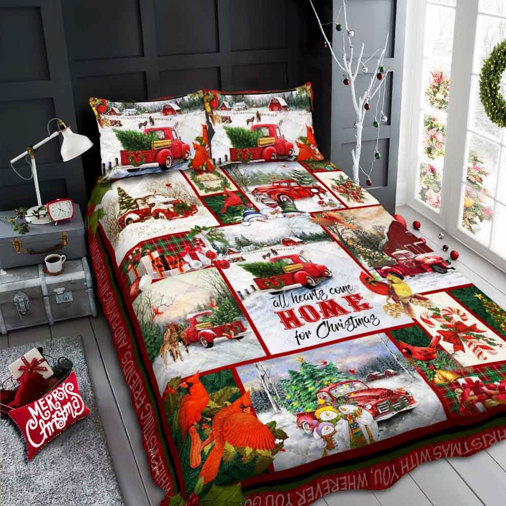 Red Truck All Hearts Come Home For Christmas Quilt Bedding Set-97kj5