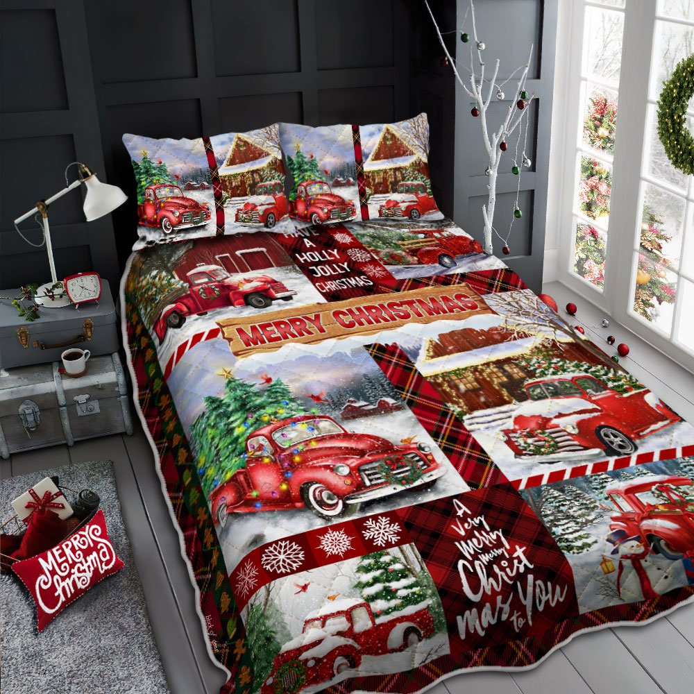 Red Truck Christmas Quilt Bedding Set Its The Most Wonderful Time Qnn611qs