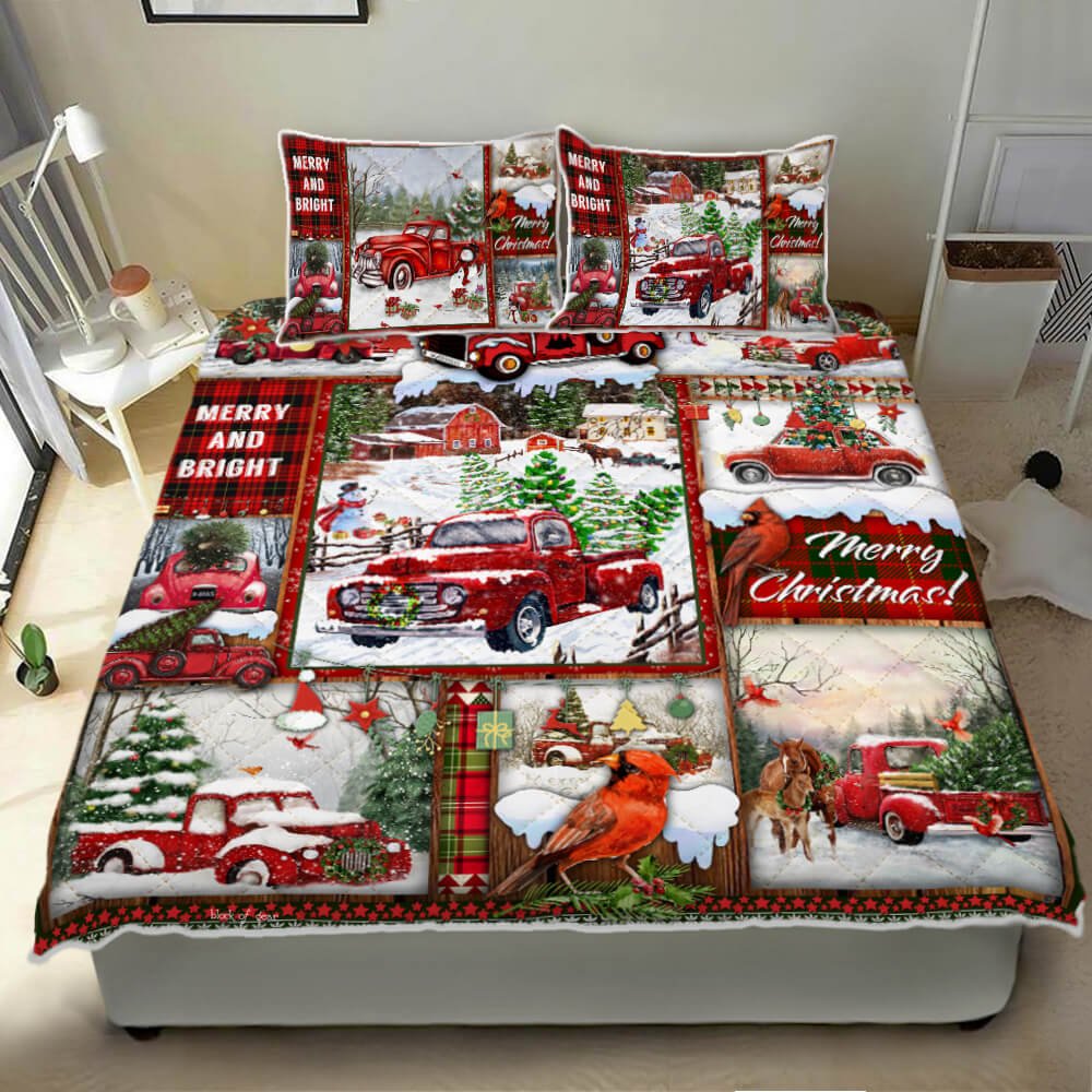 Red Truck Christmas Quilt Bedding Set Pn44qsnv1