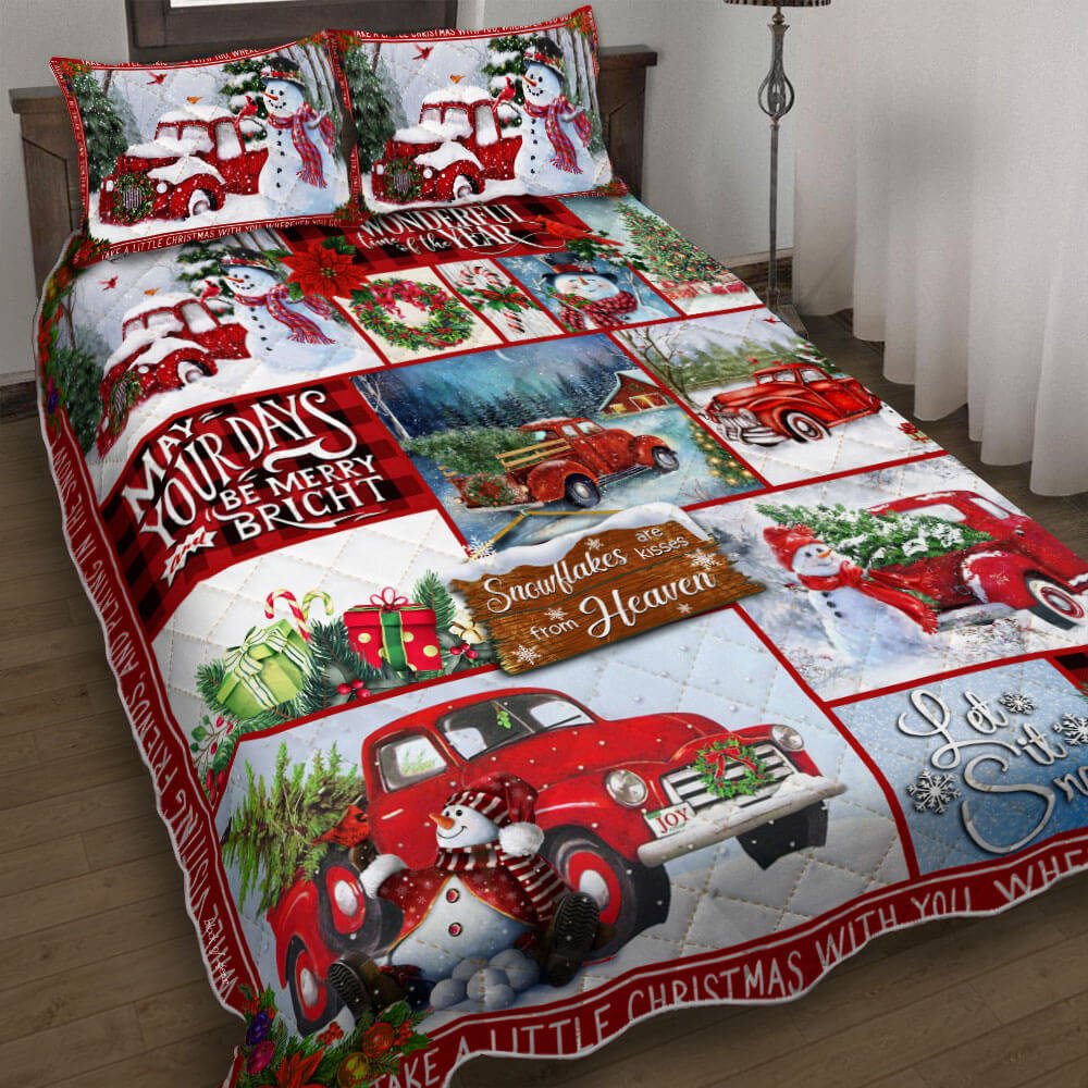 Red Truck Snowman Let It Snow Quilt Bedding Set