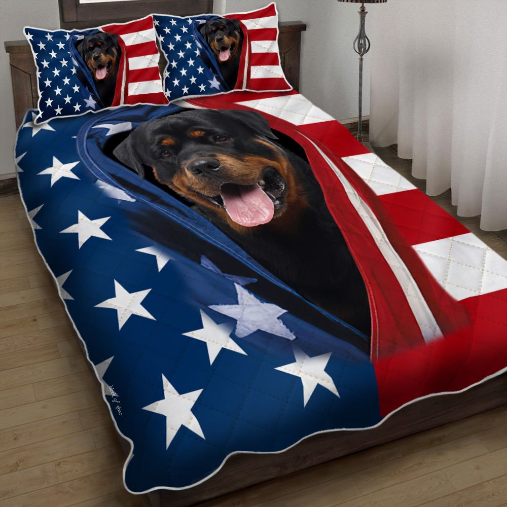 Rottweiler Opened American Flag Quilt Bedding Set