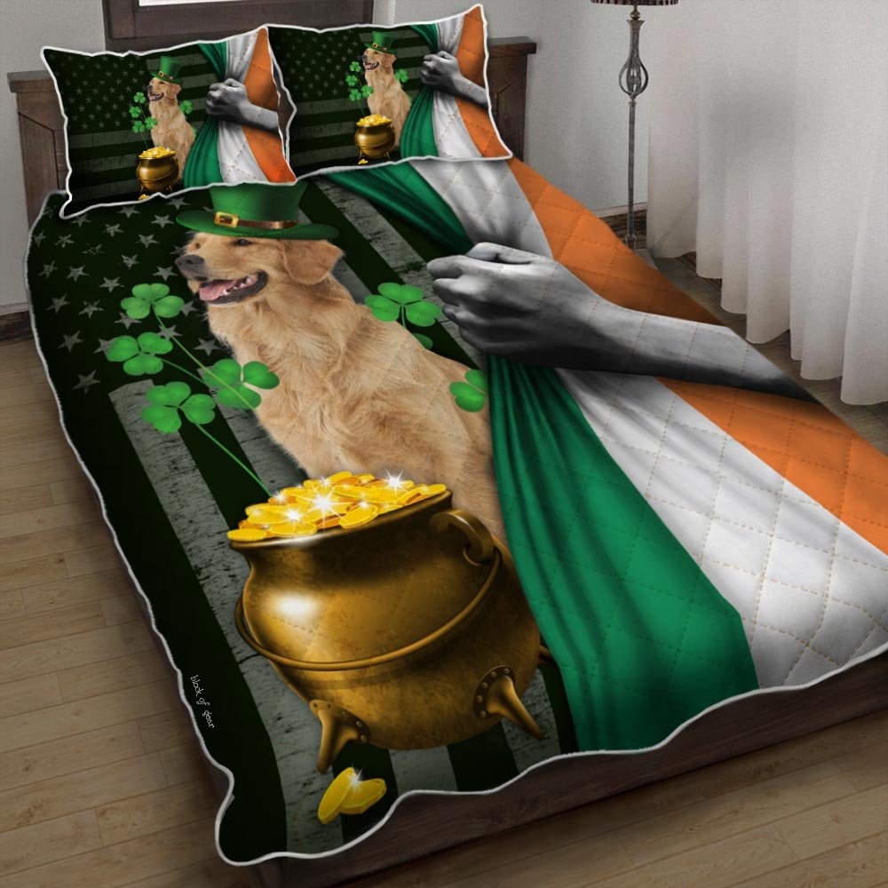 Saint Patricks Day Golden Retriever Irish American Quilt Bedding Set