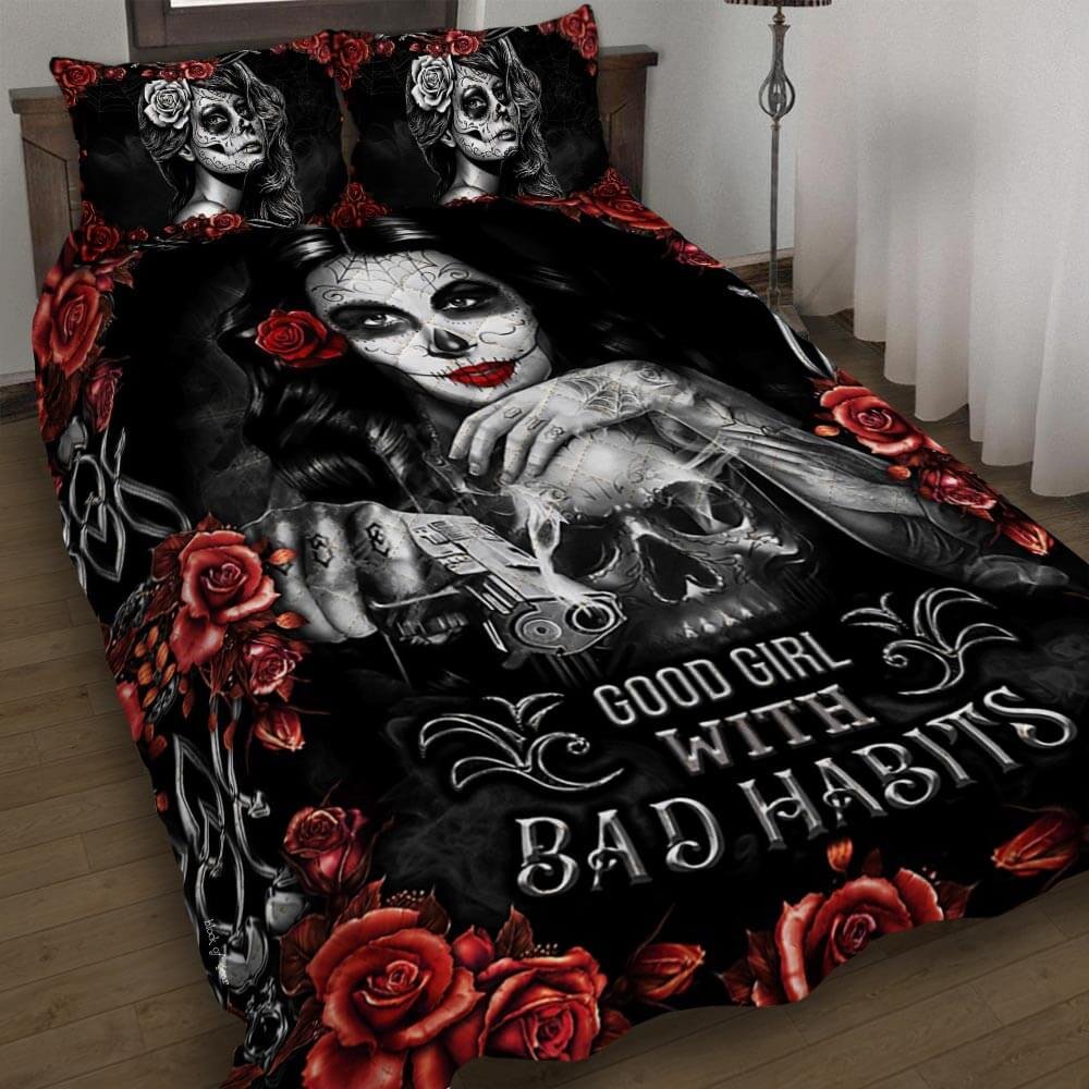 Skull Girl Good Girl With Bad Habits Quilt Bedding Set