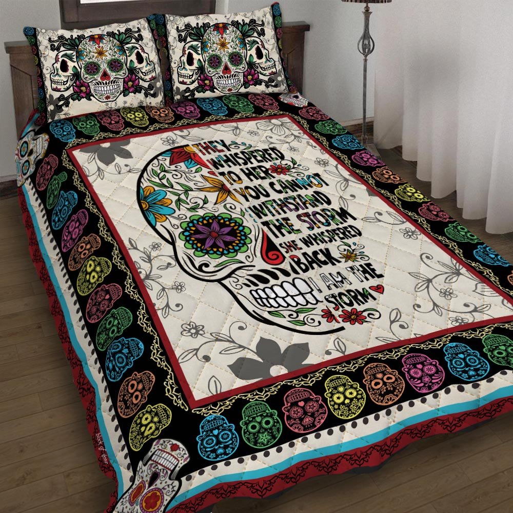 Skull With Flower I Am The Storm Quilt Bed Set