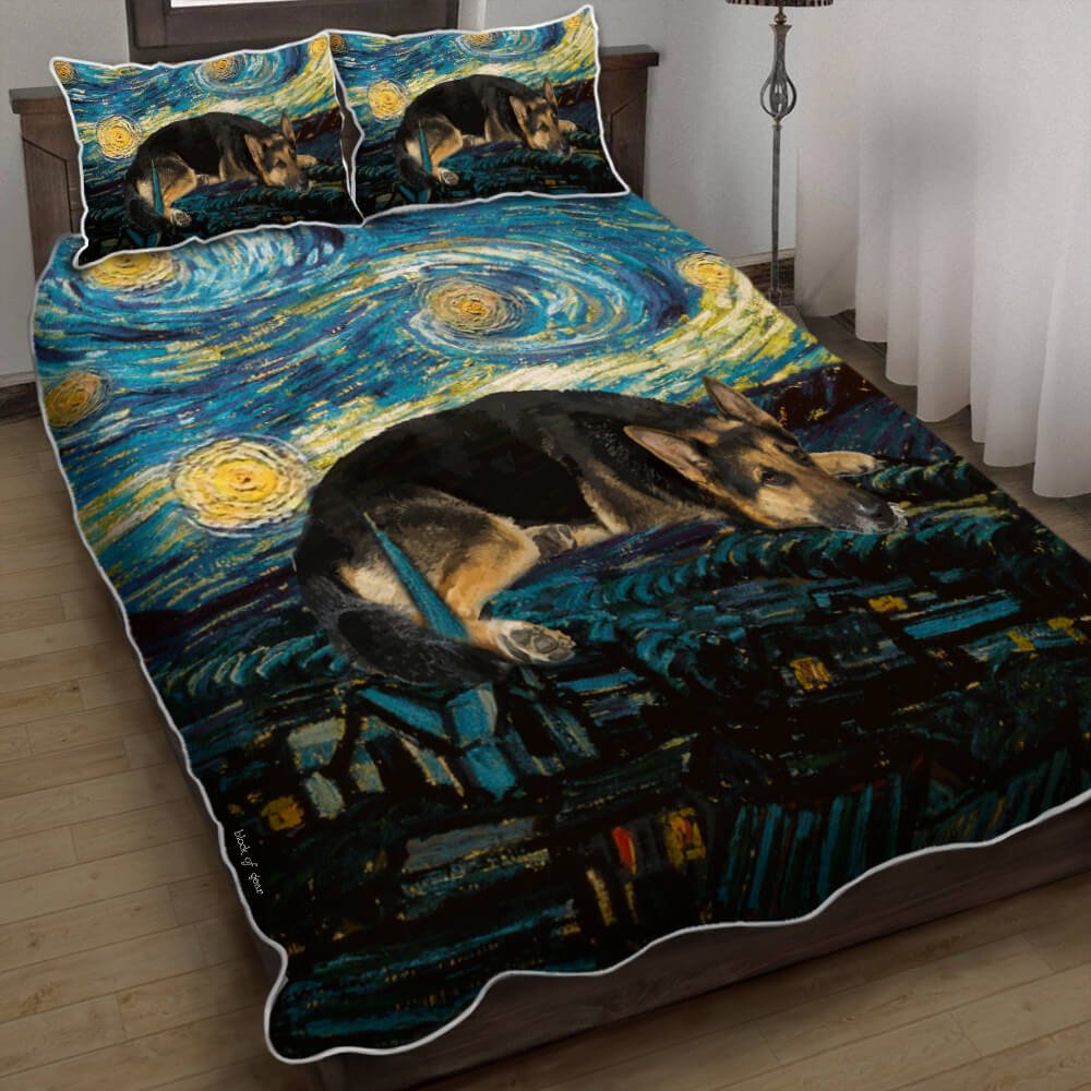 Sleeping German Shepherd Starry Night Quilt Bedding Set