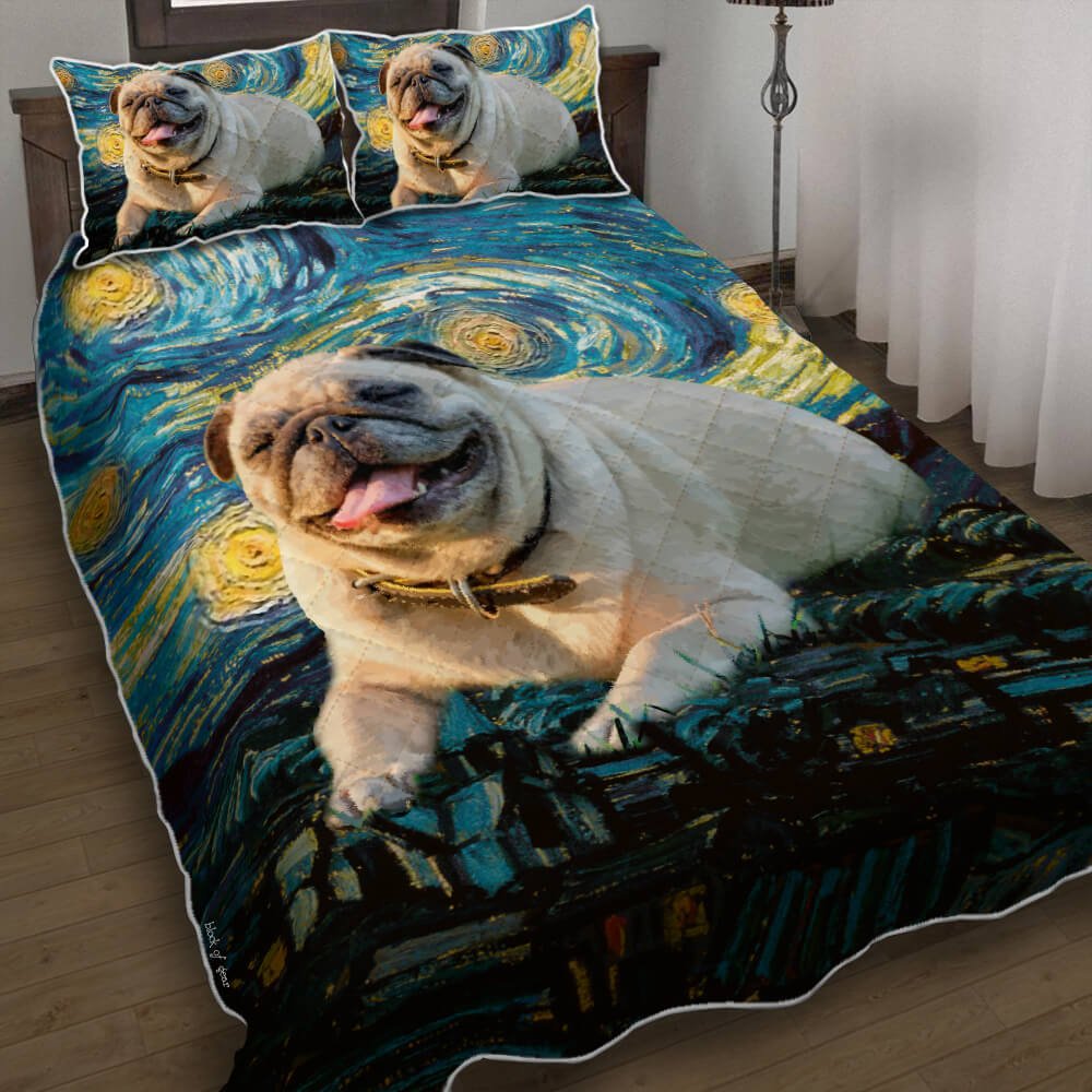 Smiling Pug Starry Night Quilt Bedding Set