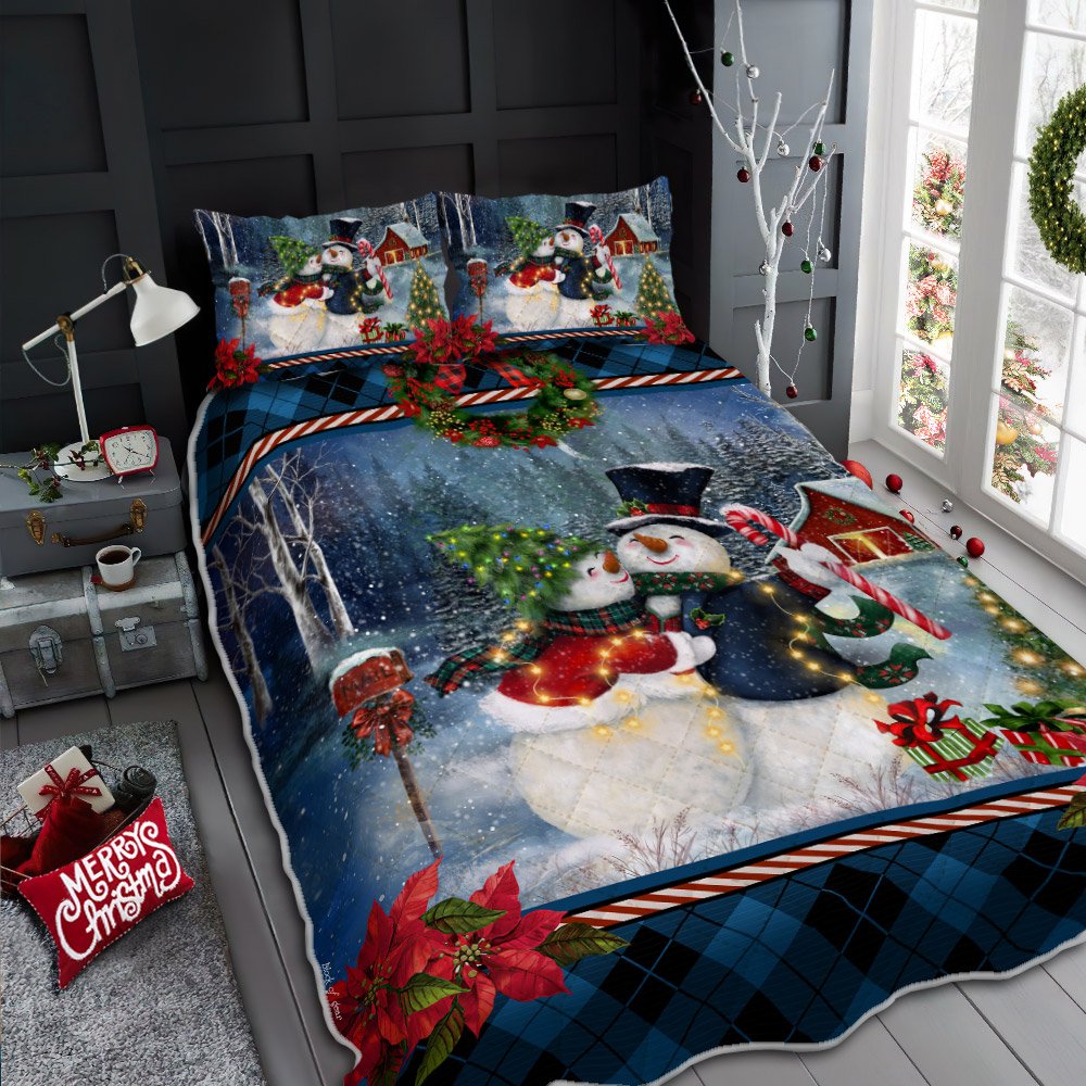 Snowman Couple Christmas Quilt Bedding Set-8oryf