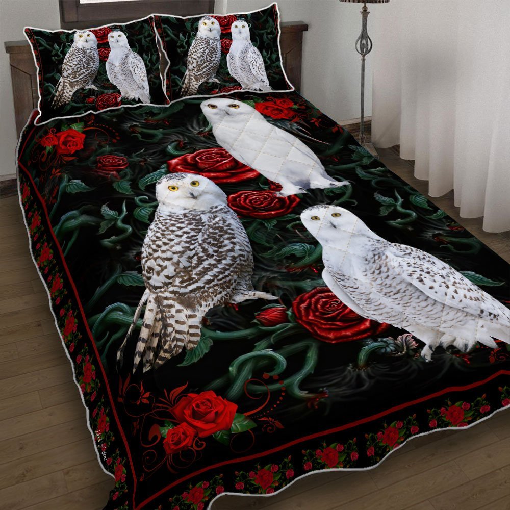 Snowy Owl Rose Quilt Bedding Set