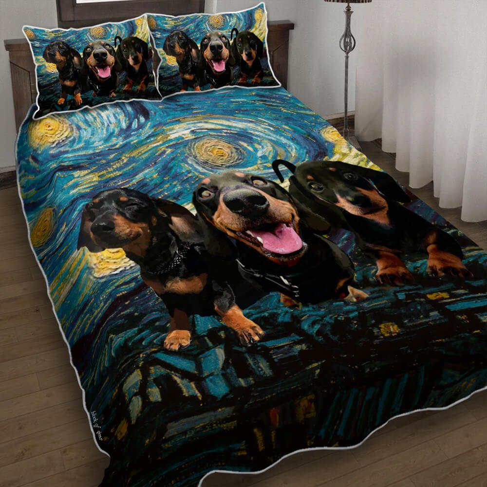 Three Dachshunds Starry Night Quilt Bedding Set