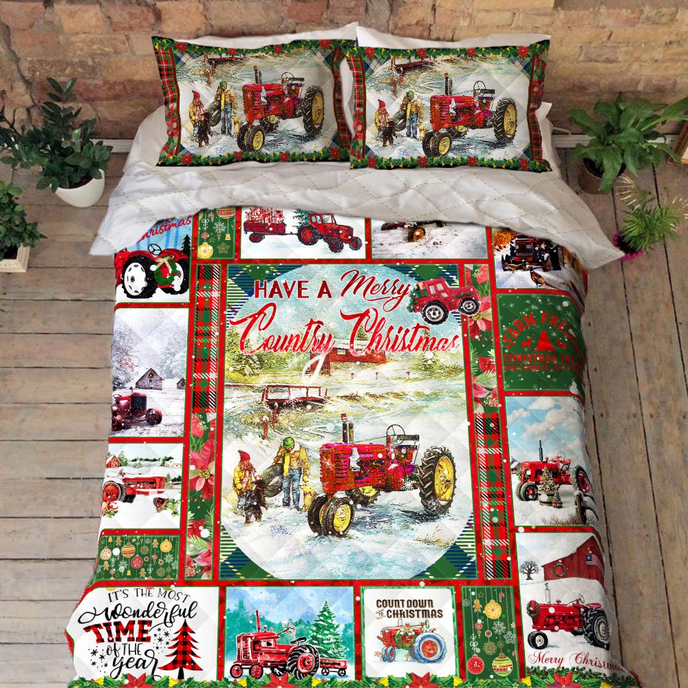 Tractor Quilt Bedding Set Merry Country Christmas Anl0875qs