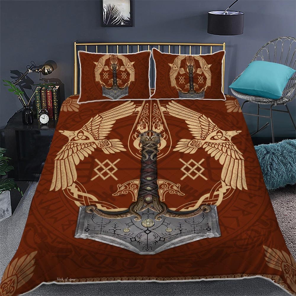 Viking Ravens Mjolnir Quilt Bedding Set