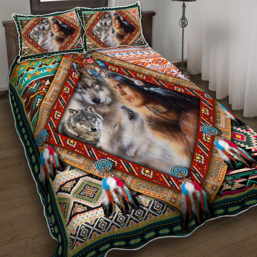 Wolf And Native American Quilt Bedding Set