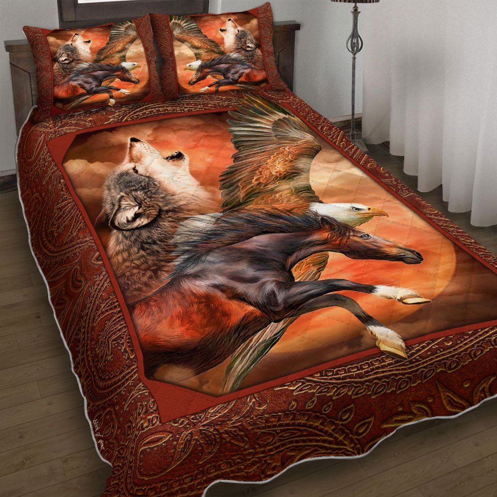 Wolf Horse And Eagle Power Animals Of America Quilt Bedding Set