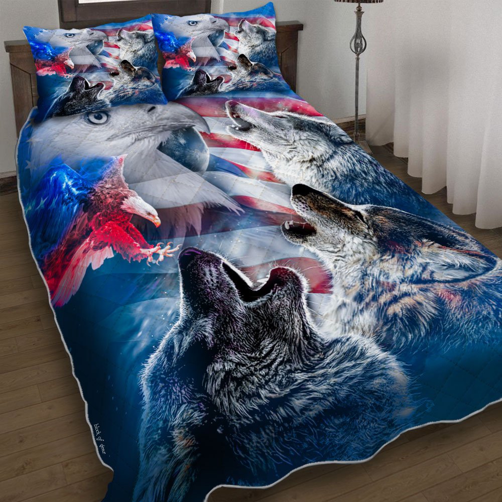 Wolves Bald Eagle American Quilt Bedding Set