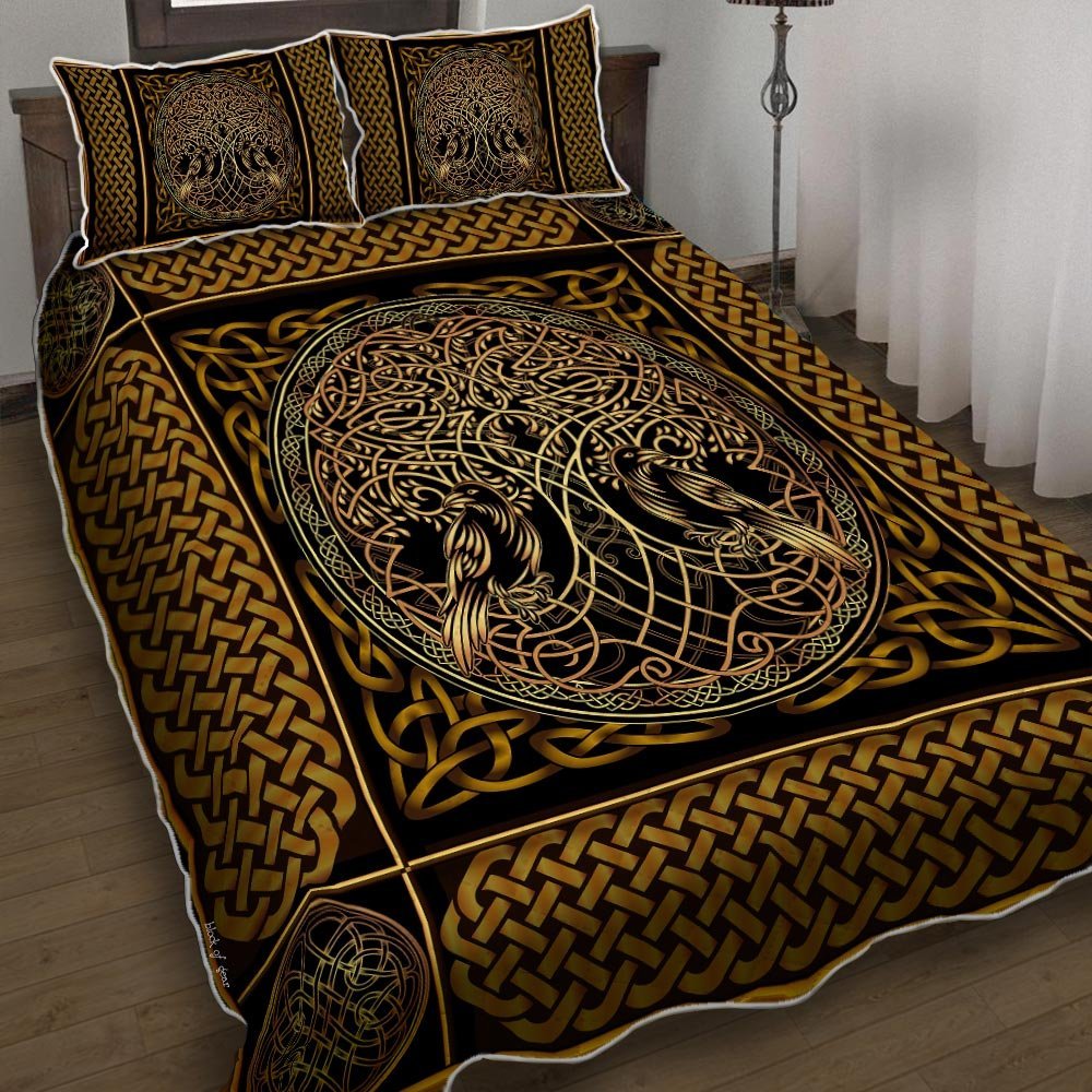 Yggdrasil Symbol With Raven Quilt Bedding Set