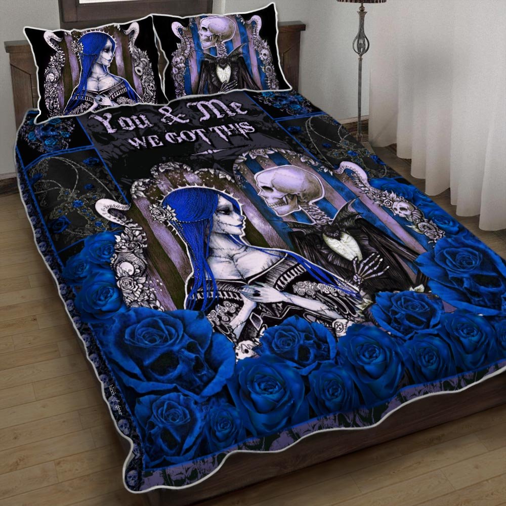 You And Me We Got This Skull Couple Blue Roses Quilt Bedding Set