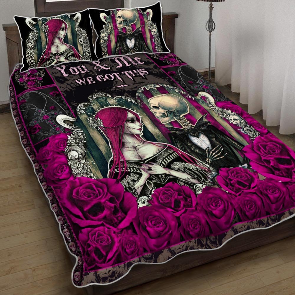 You And Me We Got This Skull Couple Pink Roses Quilt Bedding Set