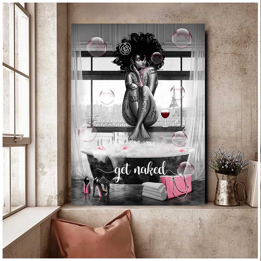 African American Wall Art Get Naked Fashion Black Girl And Bathtub Bathroom Canvas