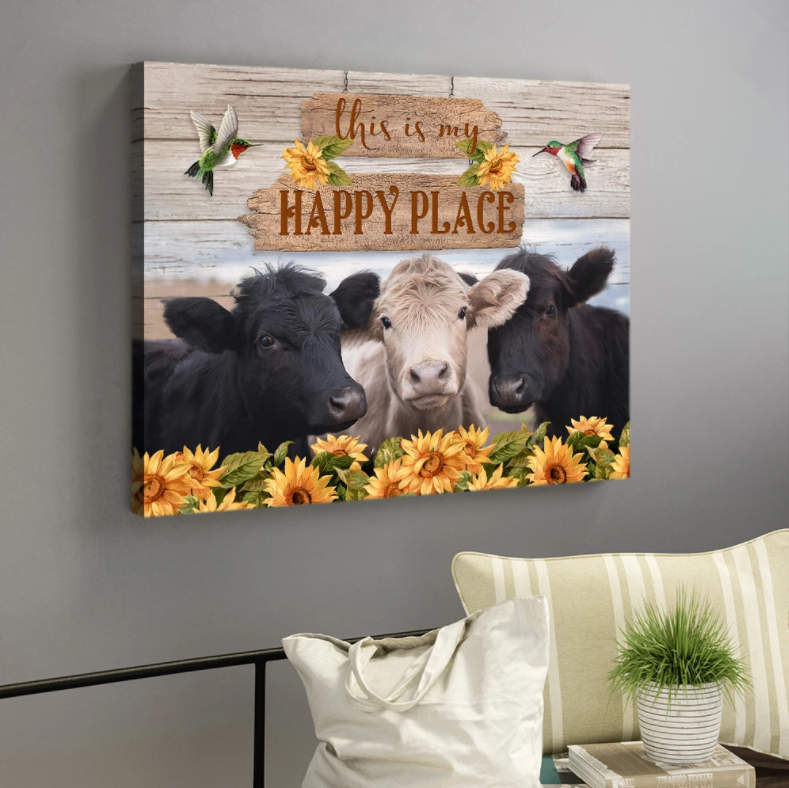 Awesome Canvas Cow And Sunflower Hanging Wall Art Decor - This Is My Happy Place