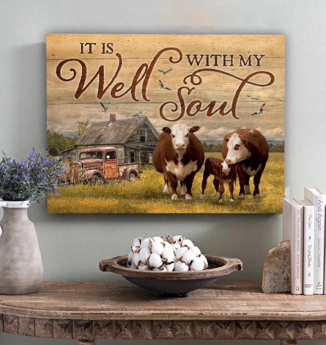 Awesome Canvas Cow Family Wall Art - It Is Well With My Soul