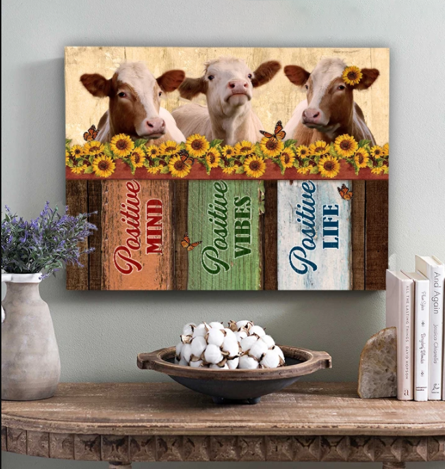 Awesome Canvas Cow Hanging Wall Art Decor - Positive Mind Positive Vibes Positive