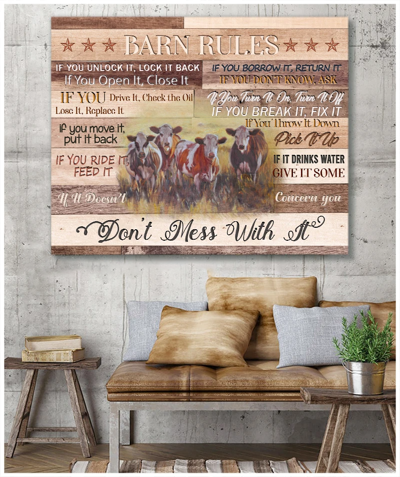 Cow Canvas Farmhouse Barn Rules Wall Hanging Wall Decor Cattle Print Canvas