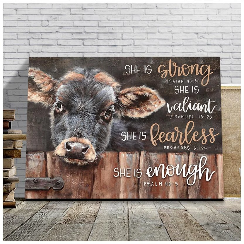 Cow Canvas She Is Strong Rustic Farmhouse Wall Art Wall Decor