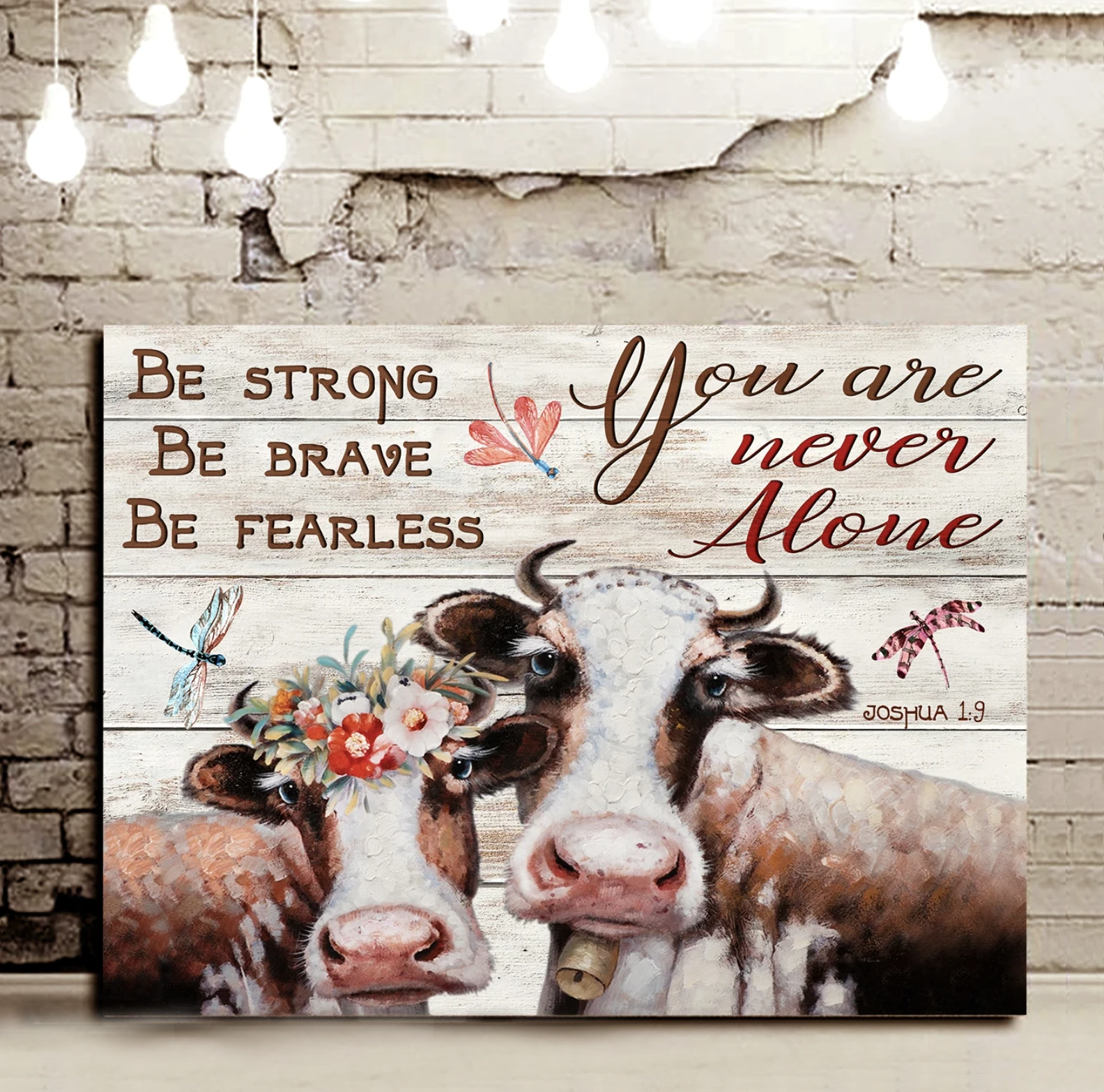 Cow Dragonfly Canvas Farmhouse Style Hanging Rustic Wall Decor - You Are Never Alone