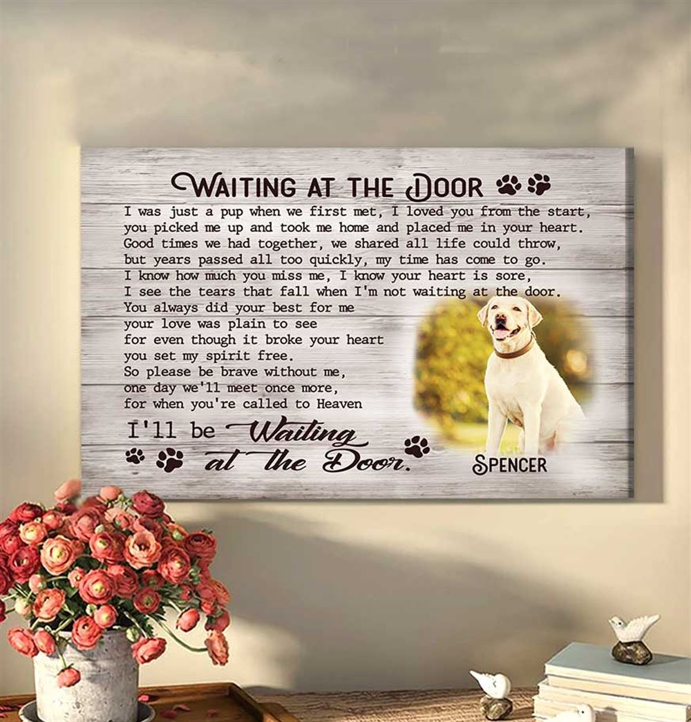 Custom Photo Dog In Heaven Waiting At The Door Canvas Wall Art Memorial Gift