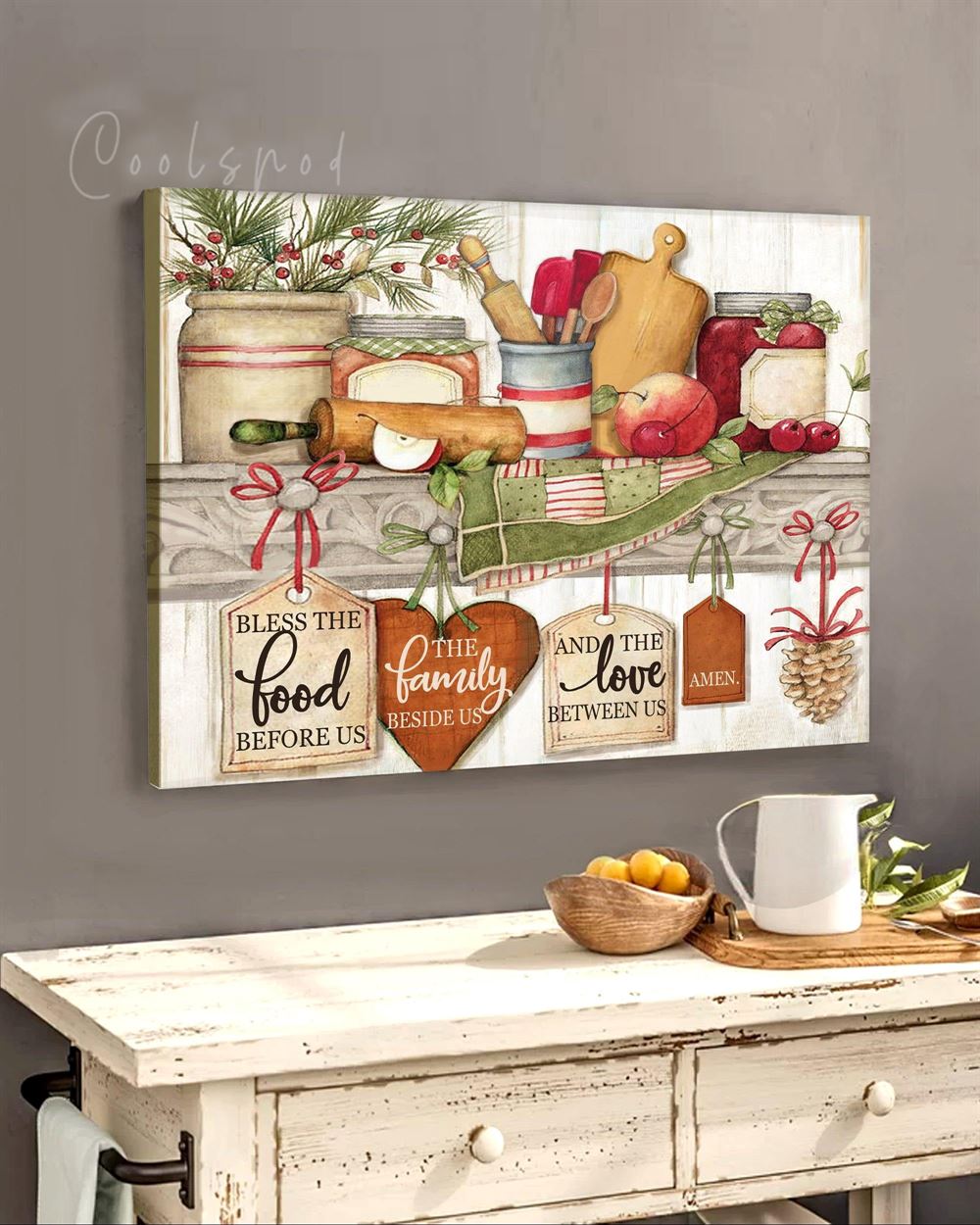 Family Kitchen Sign Bless The Food Beside Us Kitchen Cabinet Artwork Wall Art Canvas