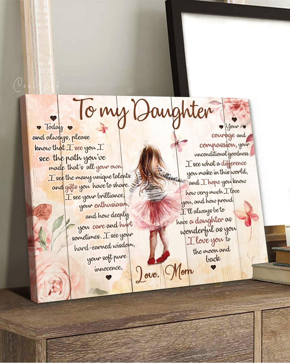 Family To My Daughter Flower Butterfly Typo Wall Art Canvas