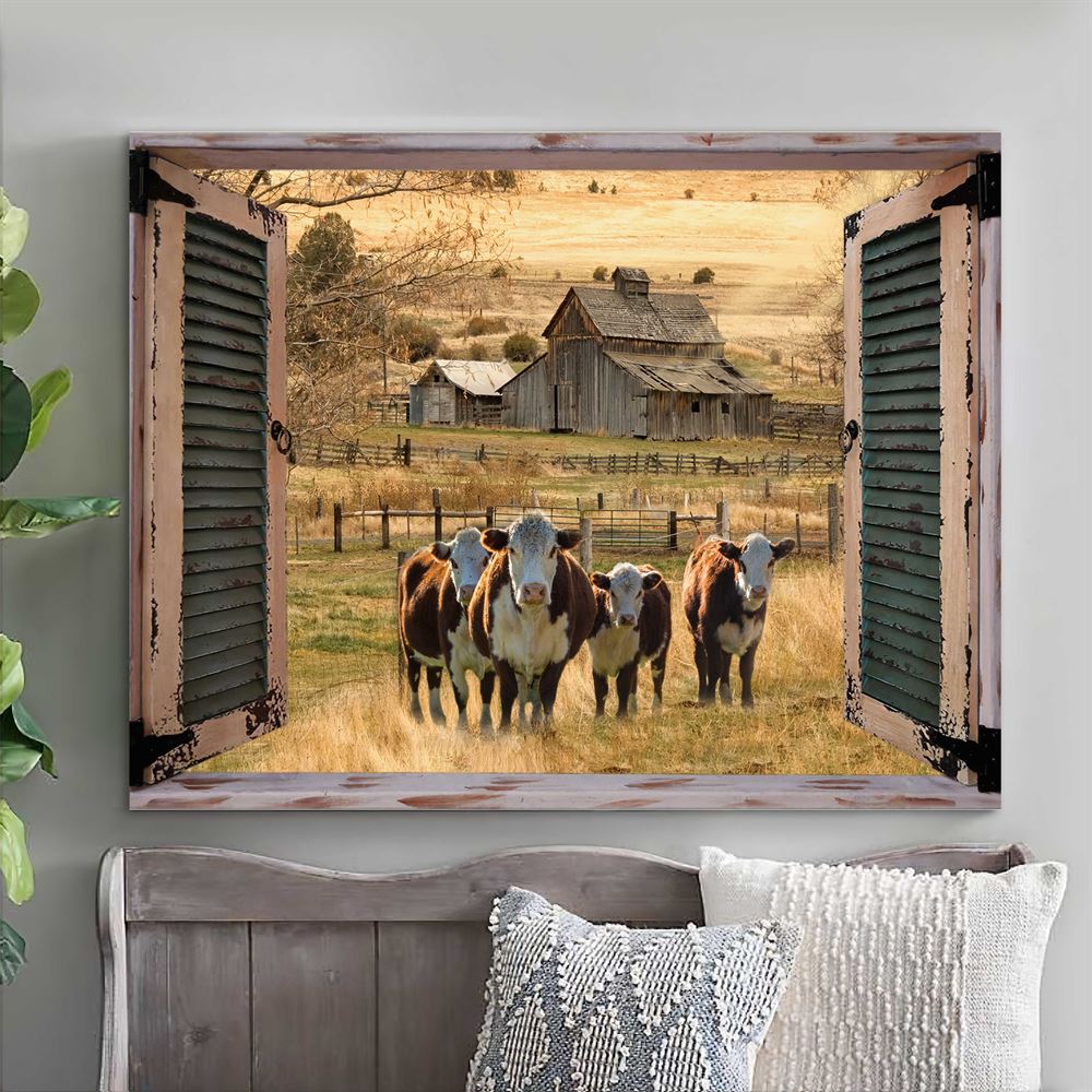 Farmhouse Window Barn With Hereford Cows Canvas Wall Art Decor