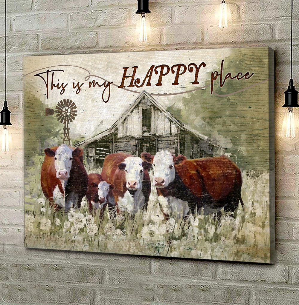 Hereford Canvas Farmhouse Wall Hanging Wall Decor Cattle Print Canvas - This Is My Happy Place