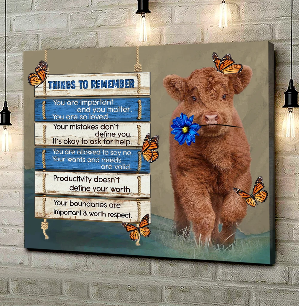 Highland Cow Monarch Butterfly Blue Flower Canvas Wall Art Wall Decor Things To Remember