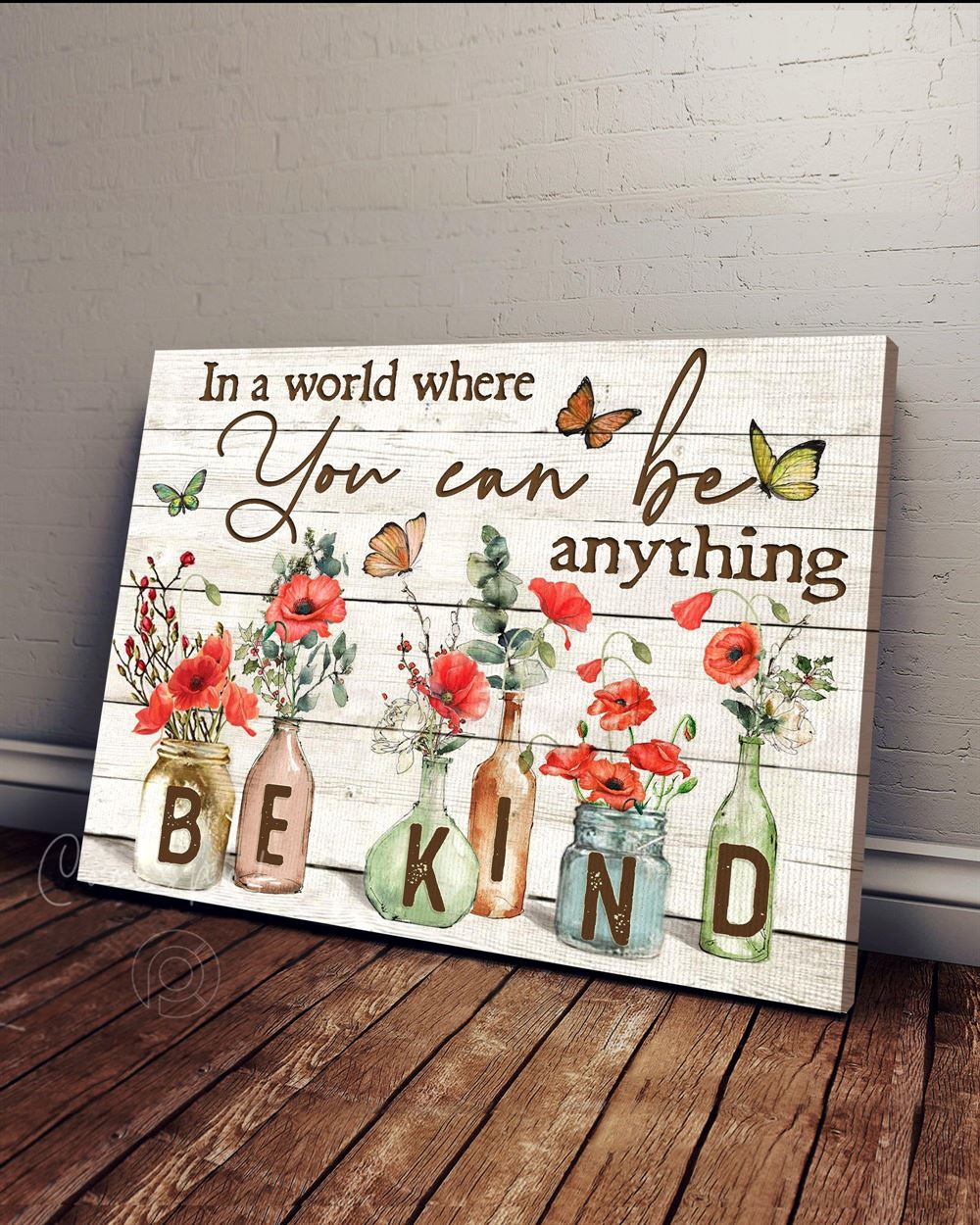 Hippie Bekind Butterflies Red Poppy Flowers Wall Art Canvas