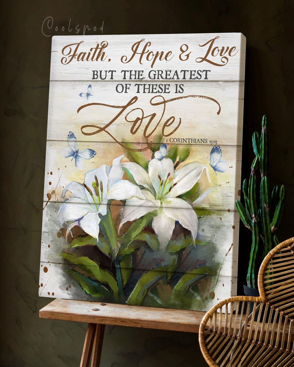 Hippie Lily Flower Faith Hope Love Bible Quote Wall Art Canvas