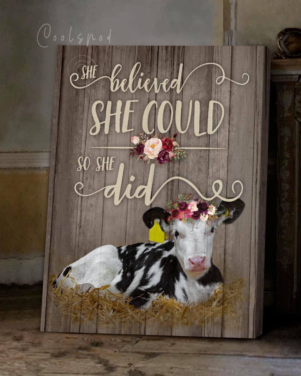 Holstein Calf Kidroom Decor Wall Art Canvas - She Believed She Could So She Did