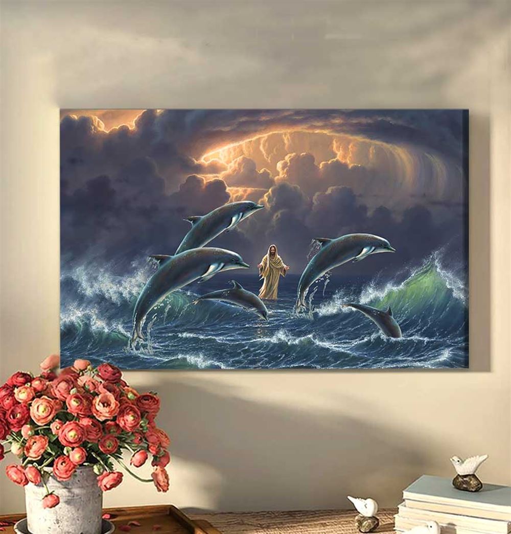 Jesus And Dolphins Vertical Matte Canvas Wall Art