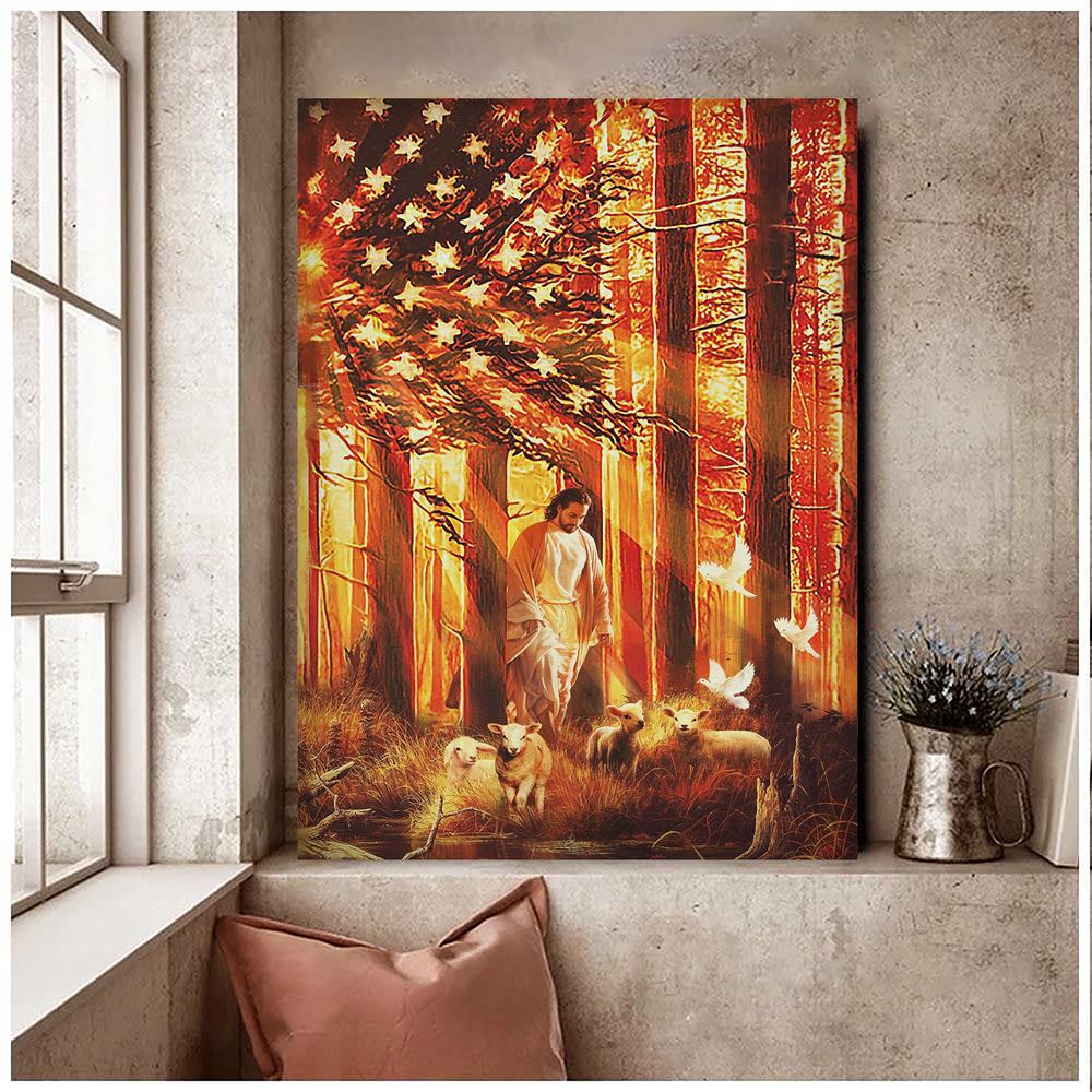 Jesus With Sheeps Flag Wall Art Canvas Jesus Painting