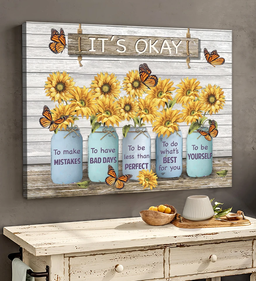 Monarch Butterfly Sunflower Mason Jar Canvas Wall Art Wall Decor Its Okay To Make Mistakes