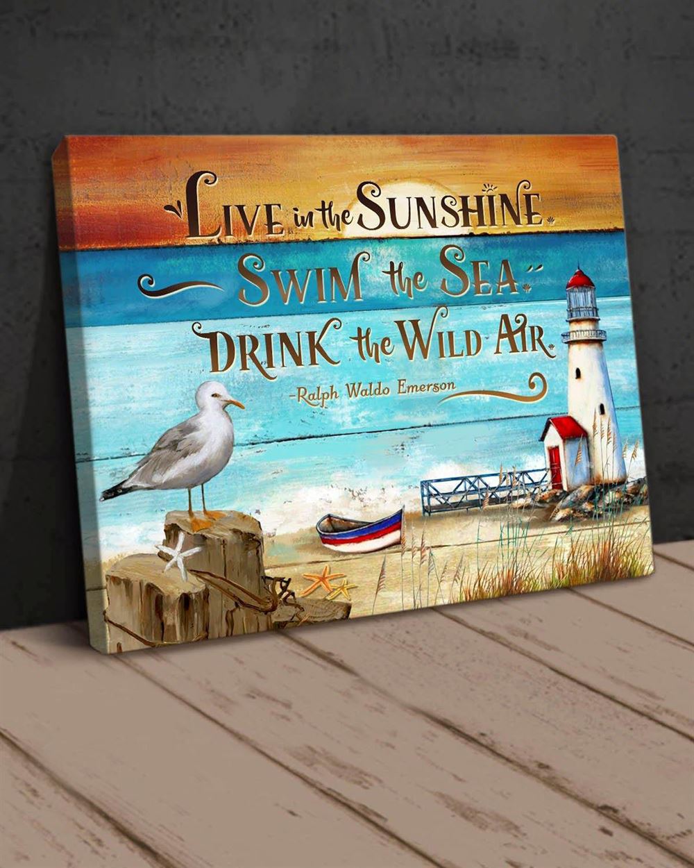 Ocean Live In The Sunshine Beach Signs Beach House Lighthouse Wall Art Canvas