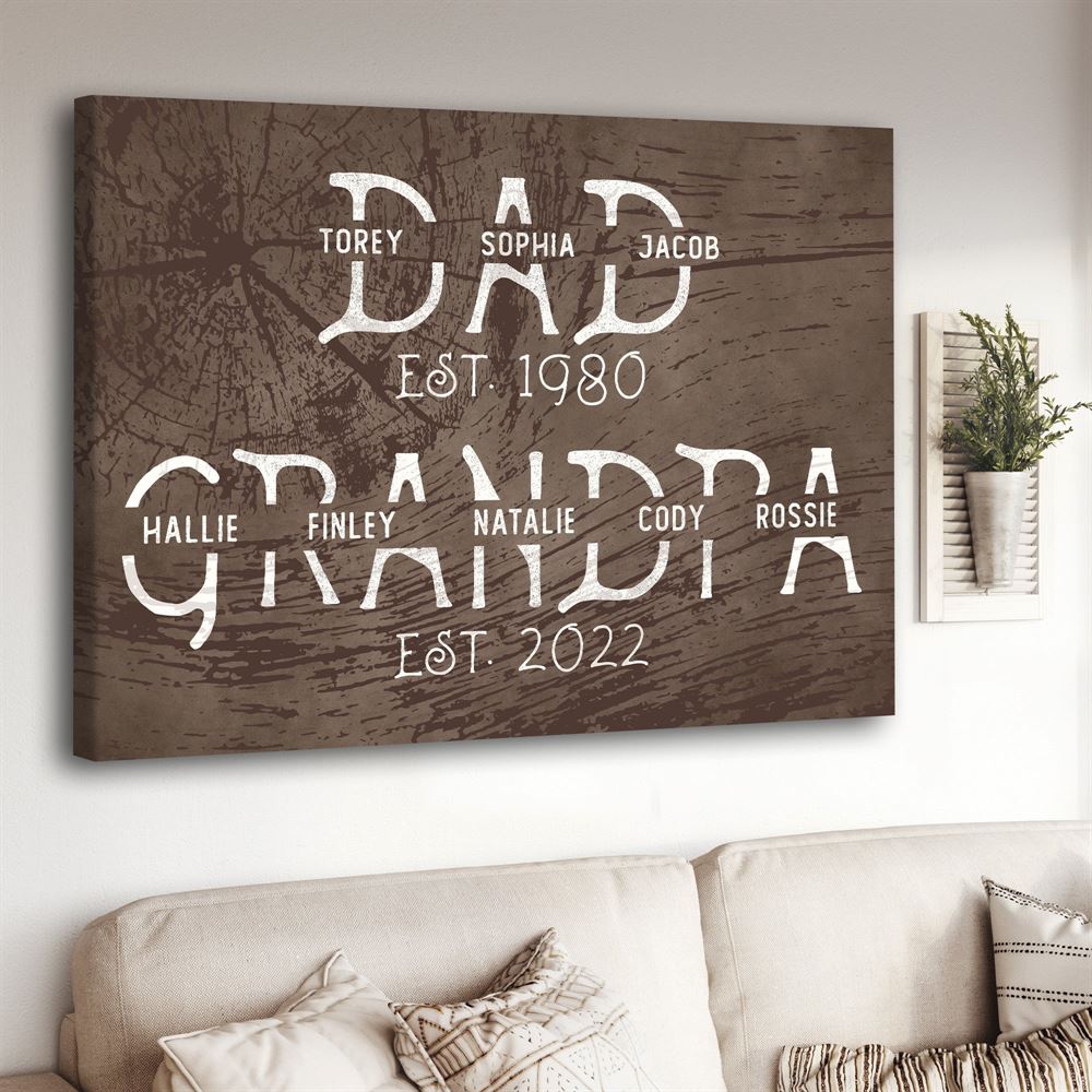 Personalized First Dad Now Grandpa Canvas Wall Art For Fathers Day Wooden Background