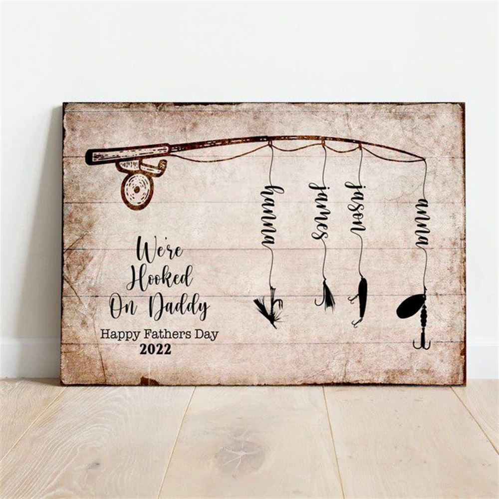 Personalized Fishing Daddy Canvas Hooked On Daddy With Kids Wall Art For Living Room