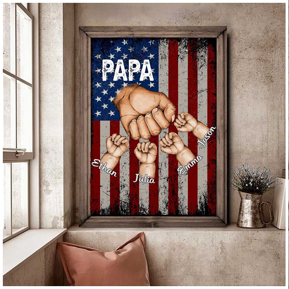 Personalized Grandpa Canvas With Grandkids Hand In Hand Wall Art American Flag Canvas For Papa