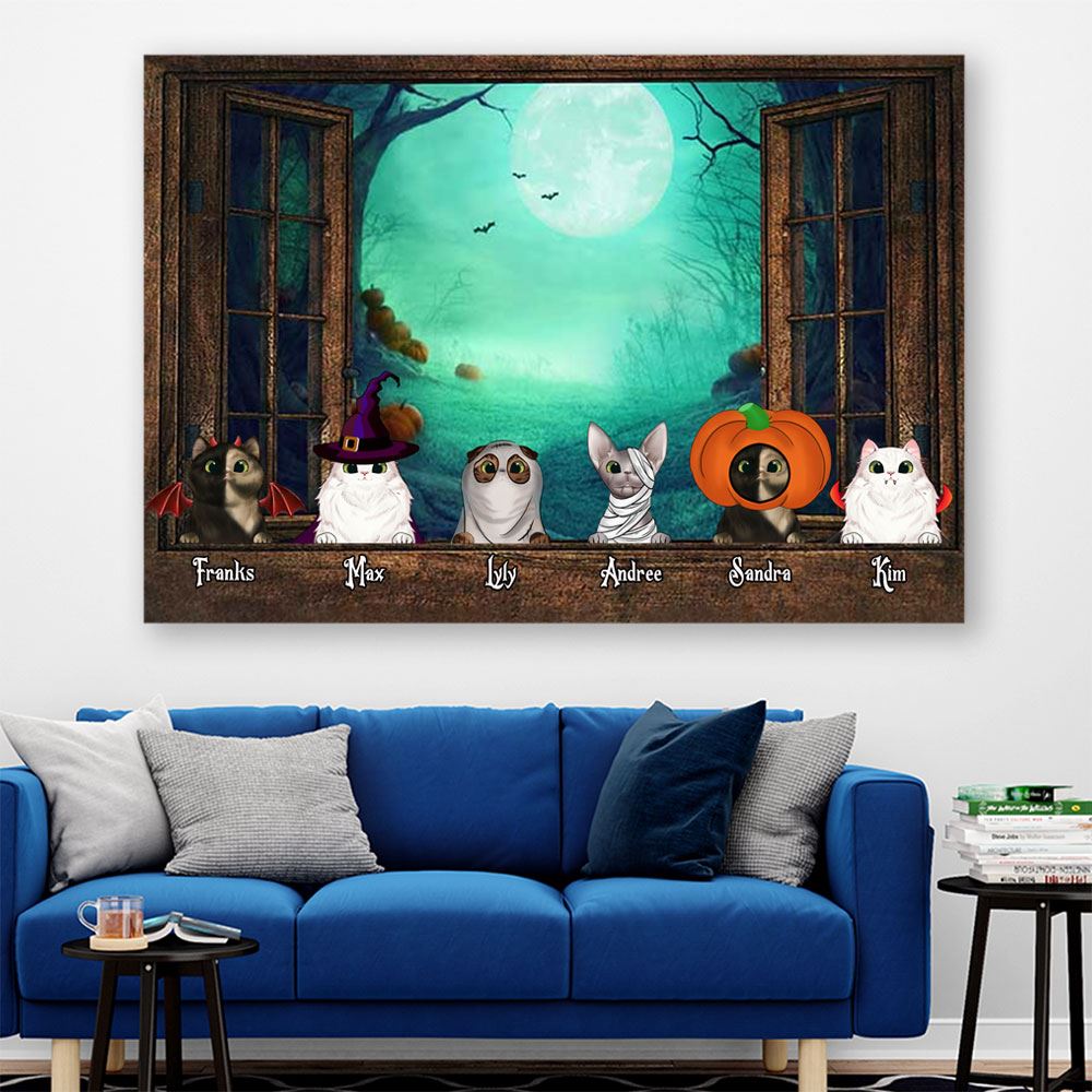 Personalized Halloween Night Cats By The Window Horizontal Canvasposter