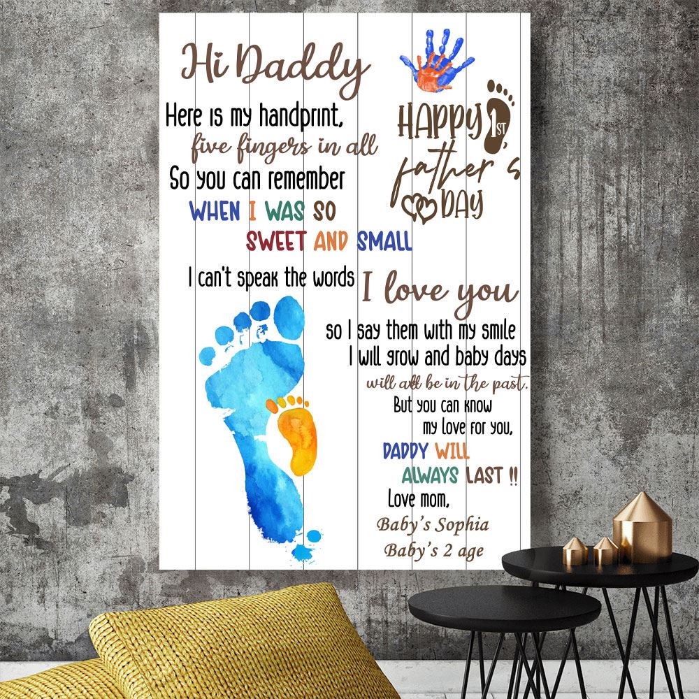 Personalized Hi Daddy Here Is My Handprint Canvasposter Print Fathers Day Footprint Handprint Art Gift