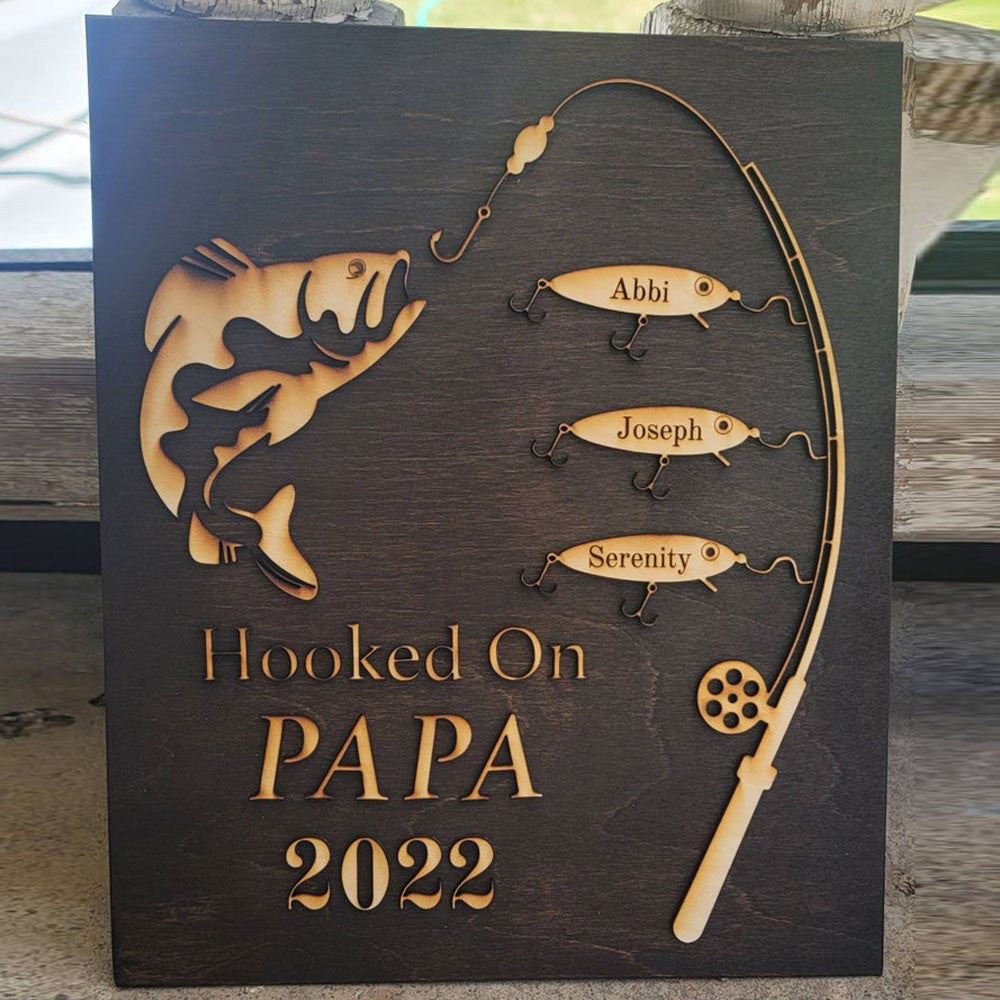 Personalized Hooked On Papa Fishing Wall Art With Grandkids Fishing Canvas For Grandpa