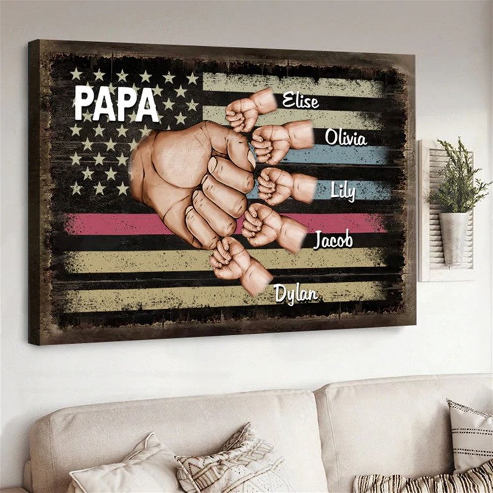 Personalized Papa Hands Kid American Flag Fathers Day Canvas For Grandpa